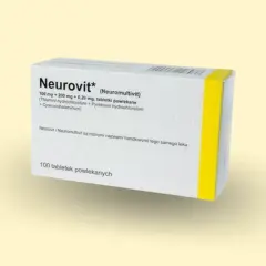 Opakowanie leku Neurovit 100 mg + 200 mg + 0,2 mg, zawierające 100 tabletek powlekanych.