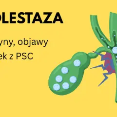 Ilustracja przedstawia żółciowy pęcherzyk i przewód żółciowy z zastojem żółci, symbolizującym cholestazę.