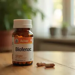 Butelka leku Biofenac 100 mg stoi na drewnianym stole. Obok leżą dwie kapsułki.