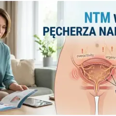 Kobieta z bólem brzucha czyta ulotkę. Grafika pokazuje nadreaktywny pęcherz, sugerując potrzebę leczenia, np. Ditropanem.
