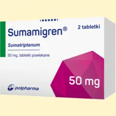 Opakowanie leku Sumamigren 50 mg, zawierające 2 tabletki powlekane, które pomagają w walce z migreną.