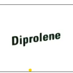 Napis "Diprolene" na białym tle. Mały żółty okrąg na dole.