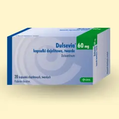 Opakowanie leku Dulsevia 60 mg, zawierające 28 kapsułek dojelitowych.