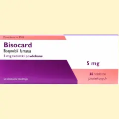 Opakowanie leku Bisocard 5 mg, zawierające 30 tabletek powlekanych. Stosowany doustnie.