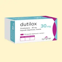 Opakowanie leku dutilox 30 mg, zawierające 56 kapsułek dojelitowych.