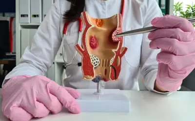 Model jelita grubego z widocznymi zmianami, wskazującymi na hemoroidy zewnętrzne.