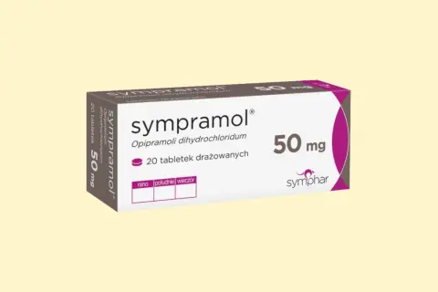 Opakowanie leku sympramol 50 mg, zawierające 20 tabletek drażowanych. Informacja o dawkowaniu: rano, południe, wieczór.