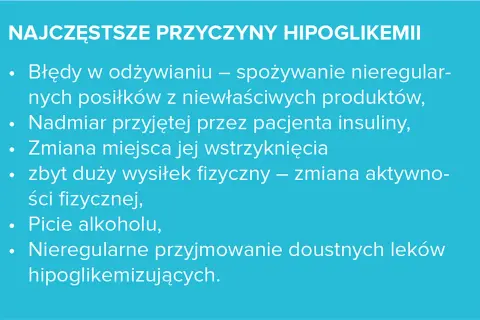 Najczęstsze przyczyny hipoglikemii: błędy żywieniowe, nadmiar insuliny, wysiłek fizyczny, alkohol, leki.
