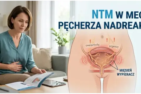 Kobieta z bólem brzucha czyta ulotkę. Grafika pokazuje nadreaktywny pęcherz, sugerując potrzebę leczenia, np. Ditropanem.