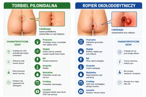 Torbiel pilonidalna to schorzenie zlokalizowane w linii pośrodkowej pośladków, często spowodowane wrastającymi włosami.