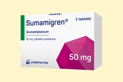 Opakowanie leku Sumamigren 50 mg, zawierające 2 tabletki powlekane, które pomagają w walce z migreną.