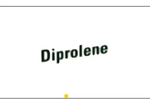 Napis "Diprolene" na białym tle. Mały żółty okrąg na dole.