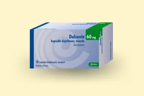Opakowanie leku Dulsevia 60 mg, zawierające 28 kapsułek dojelitowych.