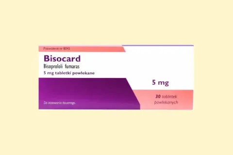 Opakowanie leku Bisocard 5 mg, zawierające 30 tabletek powlekanych. Stosowany doustnie.