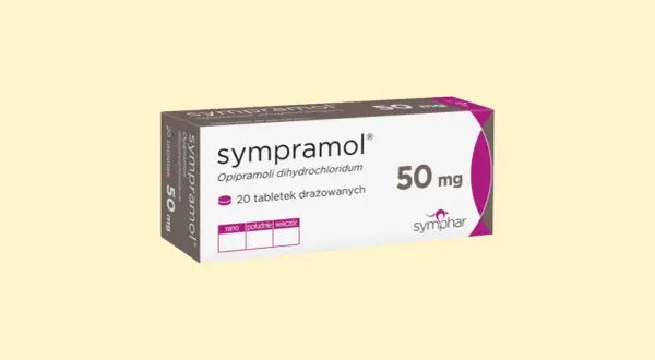 Opakowanie leku sympramol 50 mg, zawierające 20 tabletek drażowanych. Informacja o dawkowaniu: rano, południe, wieczór.