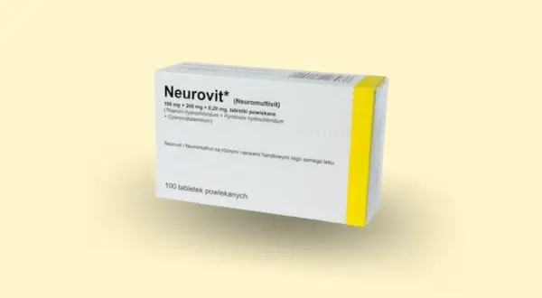 Opakowanie leku Neurovit 100 mg + 200 mg + 0,2 mg, zawierające 100 tabletek powlekanych.