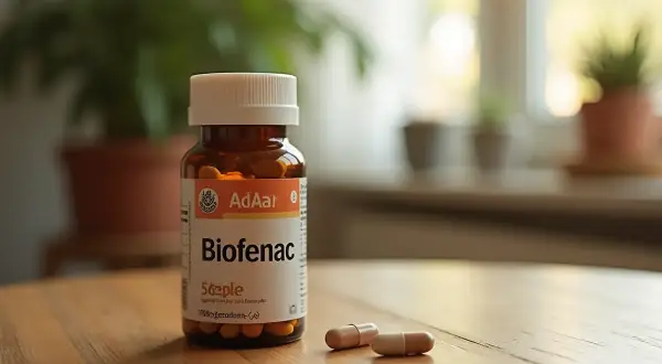 Butelka leku Biofenac 100 mg stoi na drewnianym stole. Obok leżą dwie kapsułki.