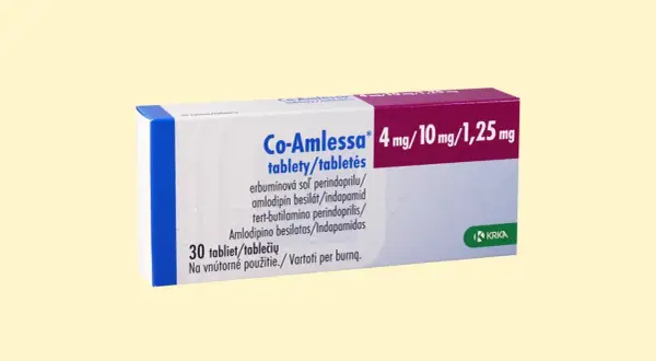 Opakowanie leku Co-Amlessa 4 mg/10 mg/1,25 mg na nadciśnienie.