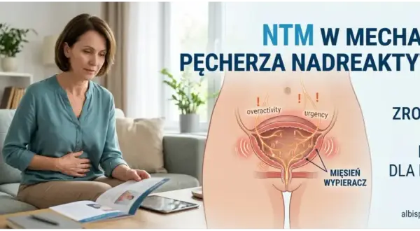 Kobieta z bólem brzucha czyta ulotkę. Grafika pokazuje nadreaktywny pęcherz, sugerując potrzebę leczenia, np. Ditropanem.