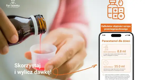 Dziecko dostaje syrop przeciwgorączkowy. Aplikacja pomaga wyliczyć dawkę, np. ibum.
