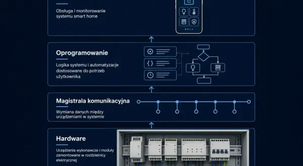 Schemat systemu smart home: interfejs, oprogramowanie, magistrala komunikacyjna i hardware. Wszystko działa jak dobrze naoliwiony comboterol.