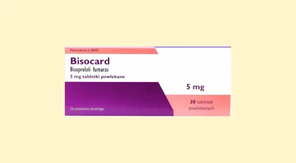 Opakowanie leku Bisocard 5 mg, zawierające 30 tabletek powlekanych. Stosowany doustnie.