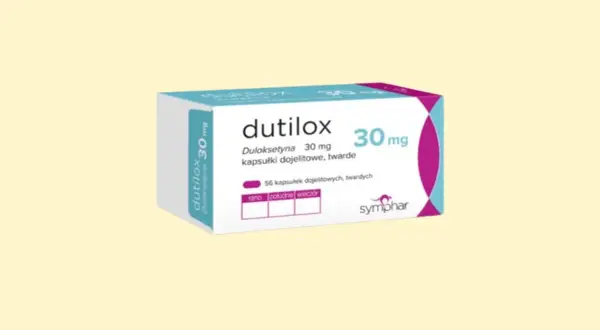 Opakowanie leku dutilox 30 mg, zawierające 56 kapsułek dojelitowych.