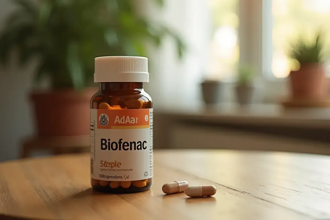 Butelka leku Biofenac 100 mg stoi na drewnianym stole. Obok leżą dwie kapsułki.