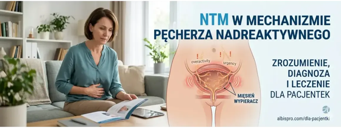 Kobieta z bólem brzucha czyta ulotkę. Grafika pokazuje nadreaktywny pęcherz, sugerując potrzebę leczenia, np. Ditropanem.