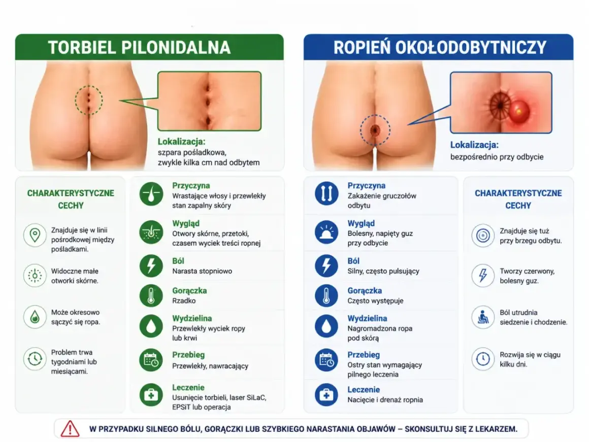 Torbiel pilonidalna to schorzenie zlokalizowane w linii pośrodkowej pośladków, często spowodowane wrastającymi włosami.
