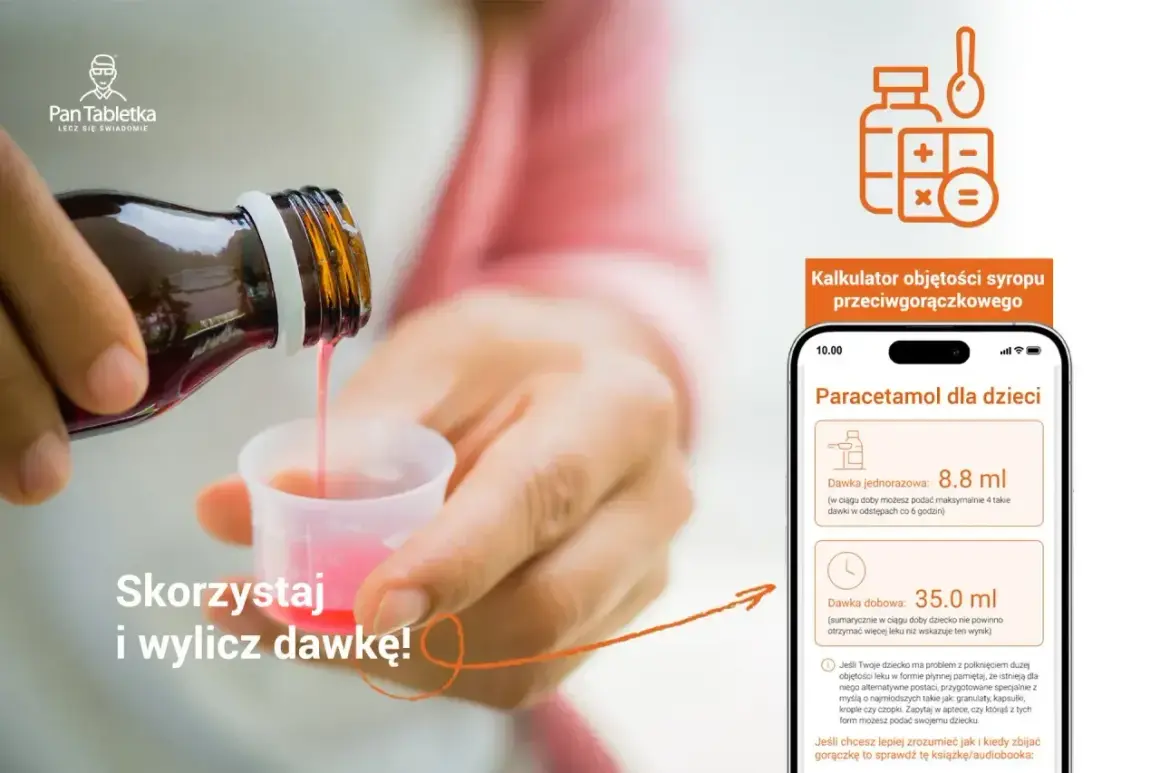 Dziecko dostaje syrop przeciwgorączkowy. Aplikacja pomaga wyliczyć dawkę, np. ibum.