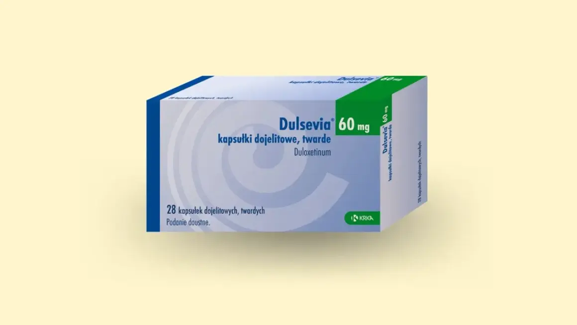 Opakowanie leku Dulsevia 60 mg, zawierające 28 kapsułek dojelitowych.