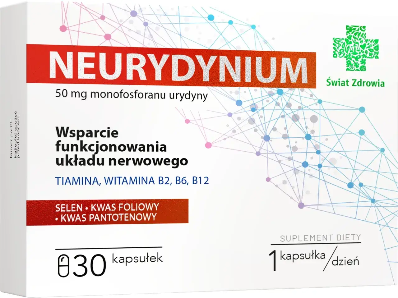 Opakowanie suplementu diety NEURYDYNIUM, wspierającego układ nerwowy. Zawiera tiaminę, witaminy B2, B6, B12, selen, kwas foliowy i pantotenowy.