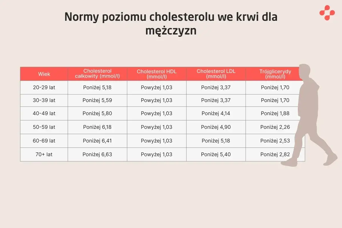 Tabela norm cholesterolu dla mężczyzn, pokazująca wartości całkowitego, HDL, LDL i trójglicerydów w zależności od wieku. Utrzymanie prawidłowych poziomów zapobiega hiperlipidemii.