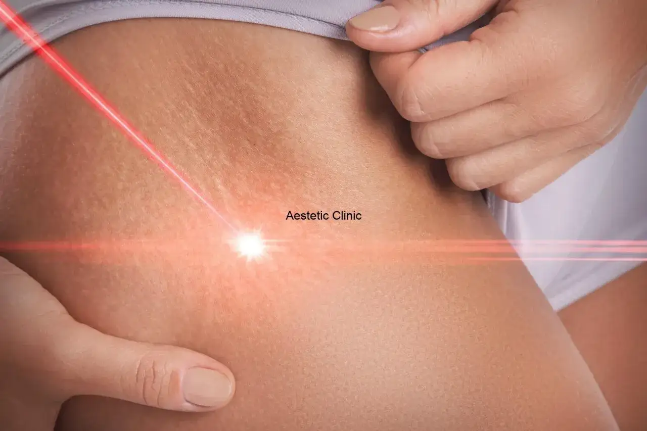 Czerwony promień lasera skierowany na skórę z widocznymi rozstępami. Zabieg w Aestetic Clinic.