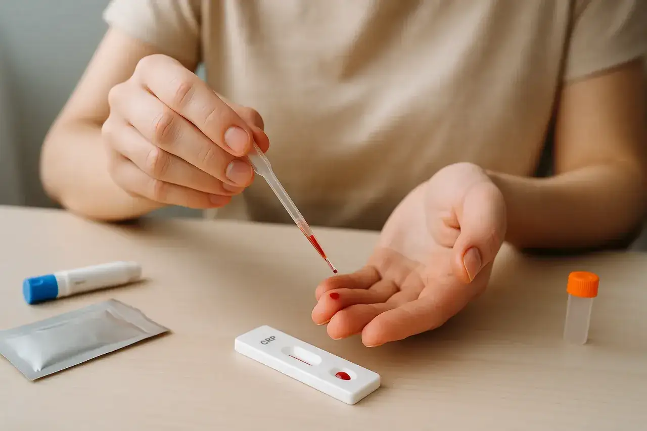 Osoba pobiera kroplę krwi z palca za pomocą pipety, aby wykonać test CRP.