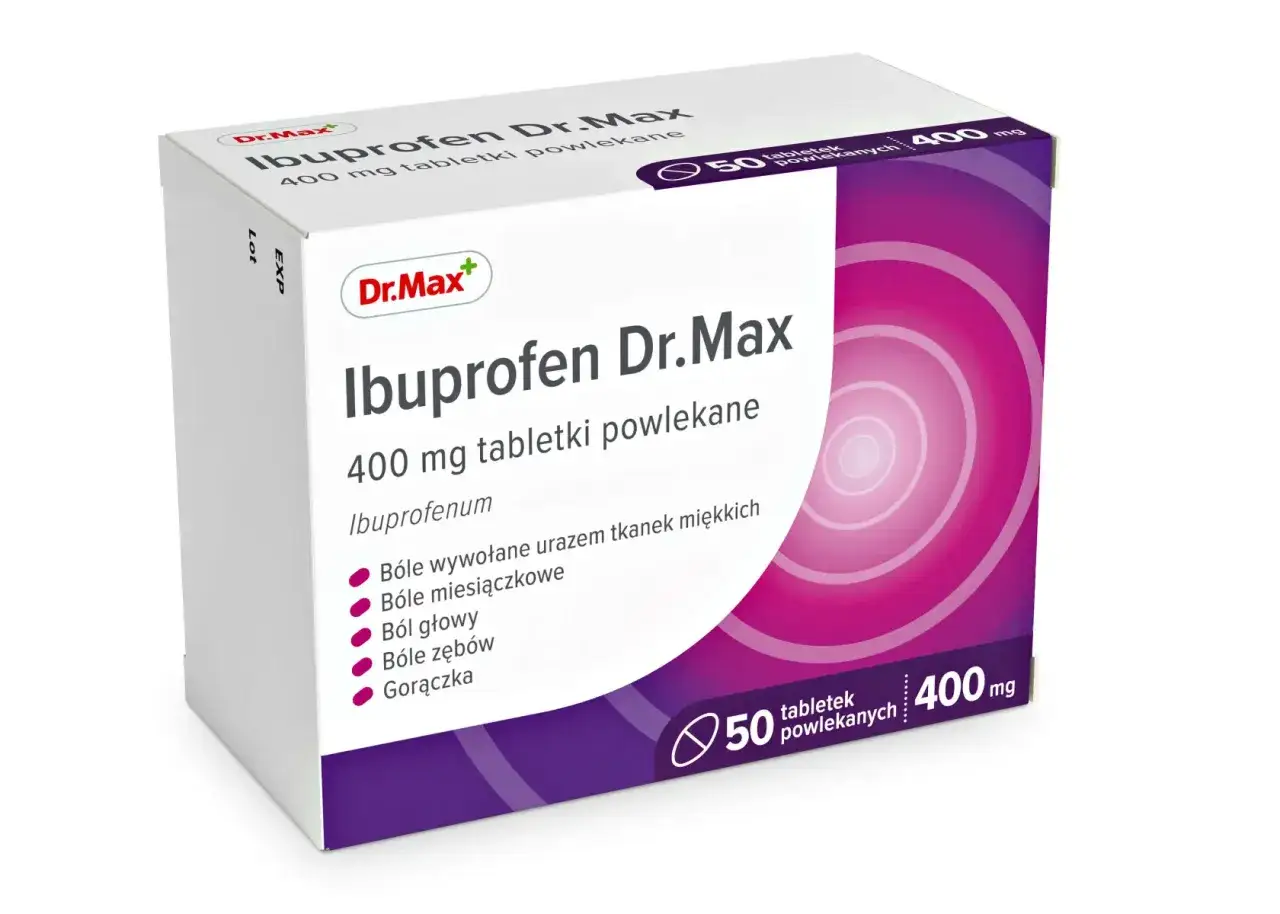 Opakowanie leku Ibuprofen Dr.Max 400 mg, 50 tabletek powlekanych. Pomaga na bóle głowy, zębów, gorączkę i inne dolegliwości.
