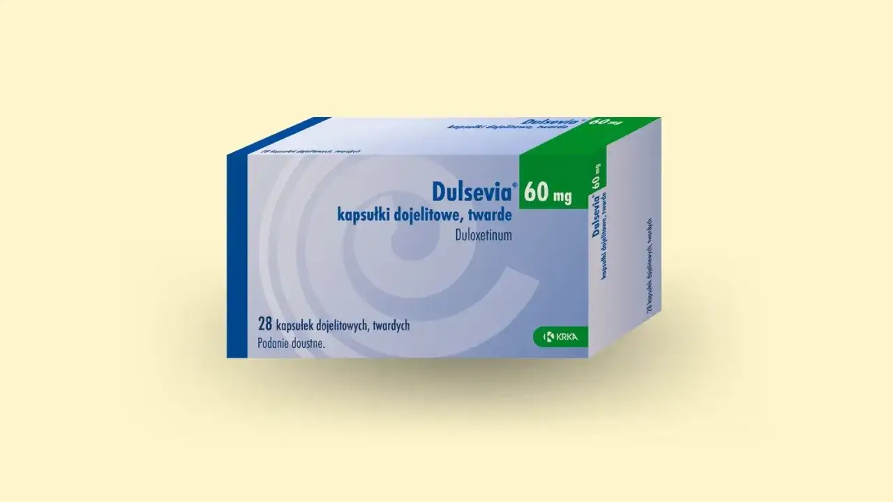 Opakowanie leku Dulsevia 60 mg, zawierające 28 kapsułek dojelitowych twardych z duloksetyną.