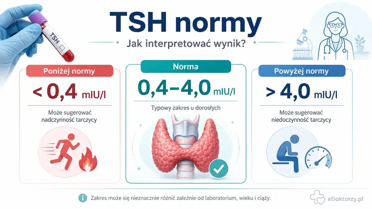 Jakie badania na tarczycę? Grafika pokazuje normy TSH: poniżej normy (<0,4 mIU/I) sugeruje nadczynność, norma (0,4-4,0 mIU/I) to prawidłowy wynik, a powyżej normy (>4,0 mIU/I) może oznaczać niedoczynność.