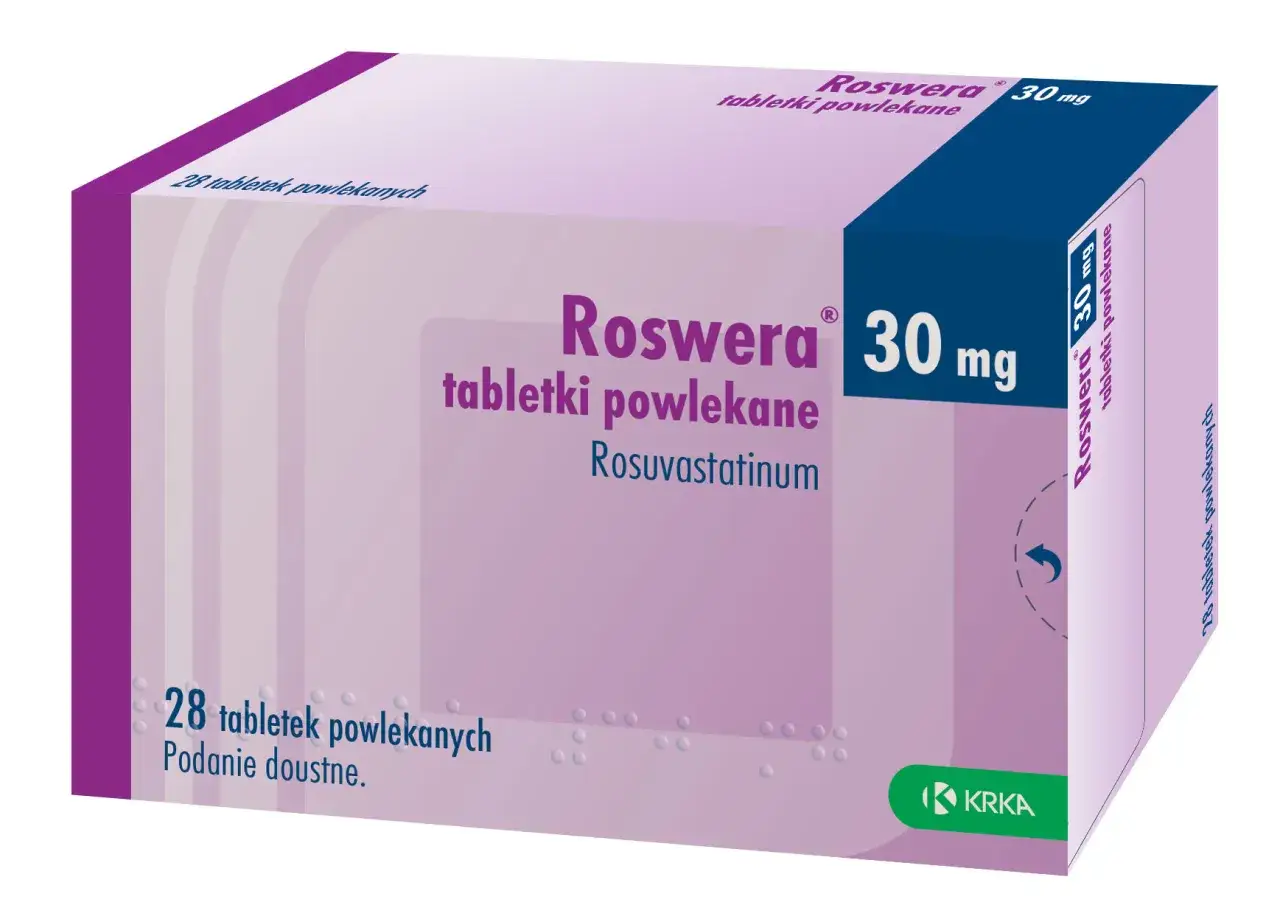 Opakowanie leku Roswera 30 mg, zawierające 28 tabletek powlekanych z rozuwastatyną.