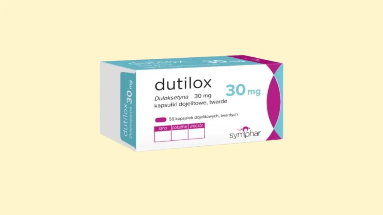 Opakowanie leku dutilox 30 mg, zawierające 56 kapsułek dojelitowych.