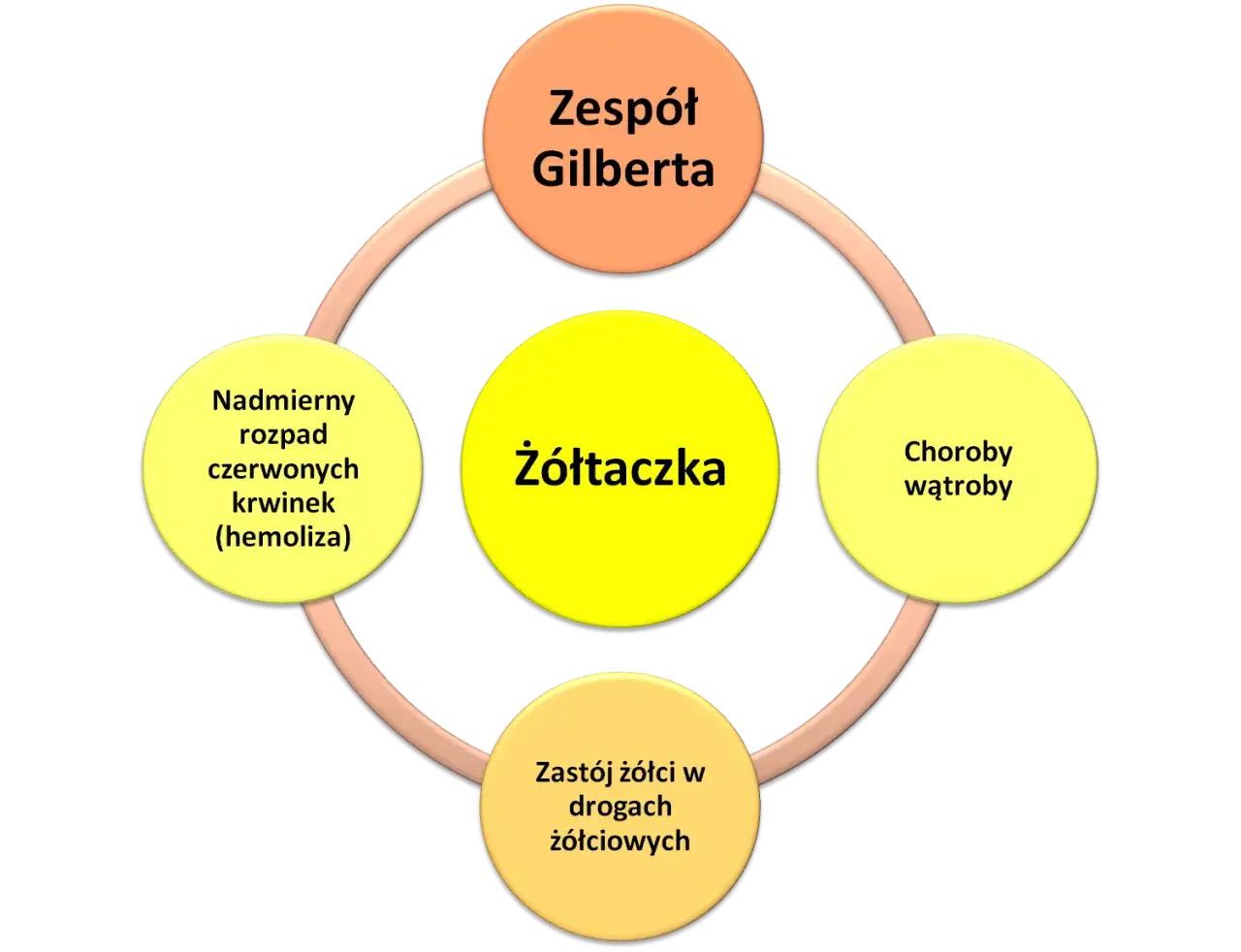Schemat przedstawia przyczyny żółtaczki: zespół Gilberta, nadmierny rozpad krwinek, choroby wątroby i zastój żółci.