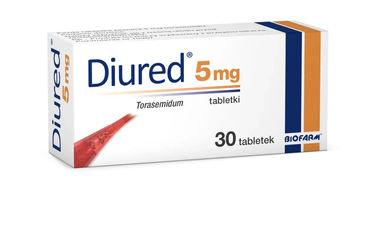 Opakowanie leku Diured 5mg z torasemidem, zawierające 30 tabletek.