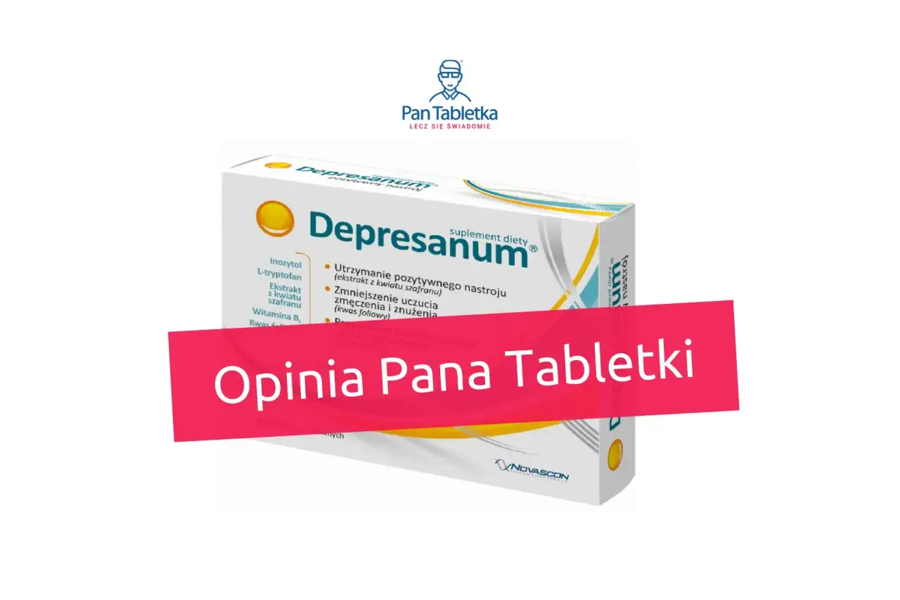 Opakowanie suplementu diety Depresanum, zawierającego m.in. inozytol, L-tryptofan i ekstrakt z szafranu, wspierającego pozytywny nastrój.