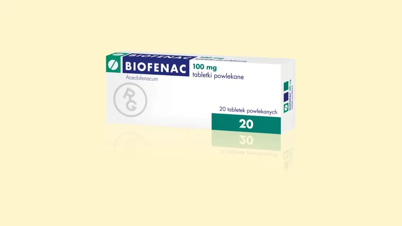 Opakowanie leku BIOFENAC 100 mg, zawierające 20 tabletek powlekanych. Aceclofenacum.