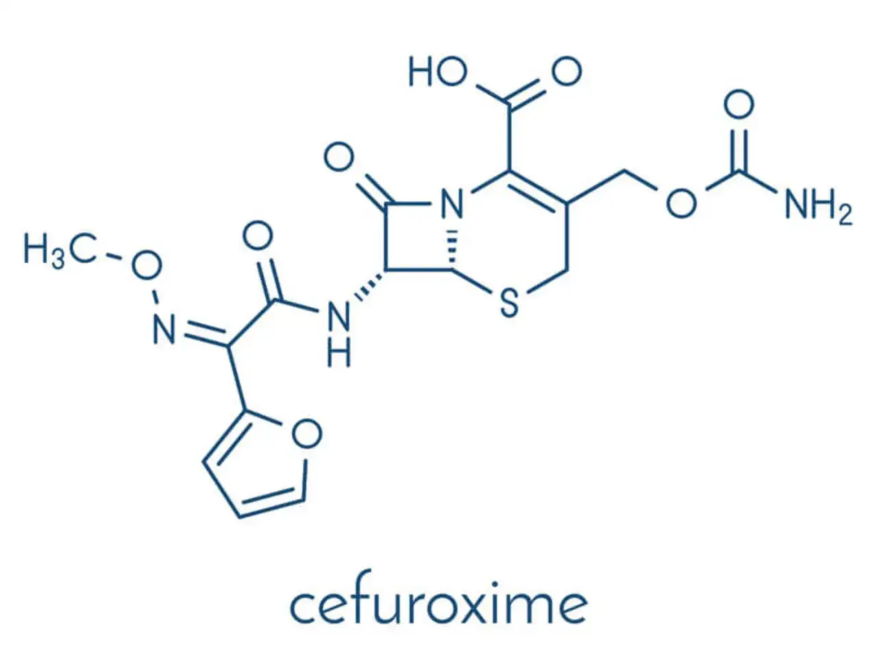 Struktura chemiczna cefuroksymu, antybiotyku z grupy cefalosporyn.