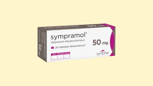 Opakowanie leku sympramol 50 mg, zawierające 20 tabletek drażowanych. Informacja o dawkowaniu: rano, południe, wieczór.