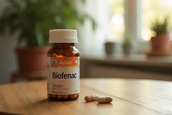 Butelka leku Biofenac 100 mg stoi na drewnianym stole. Obok leżą dwie kapsułki.