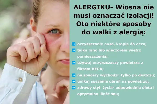 Dziewczyna z zaczerwienionym okiem i łzawieniem, objawami alergii. Wiosna nie musi oznaczać izolacji, oto sposoby na walkę z alergią.