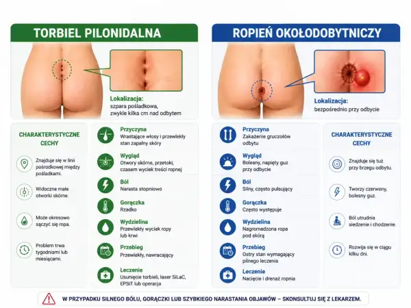 Torbiel pilonidalna to schorzenie zlokalizowane w linii pośrodkowej pośladków, często spowodowane wrastającymi włosami.